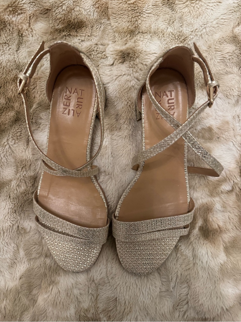 Naturalizer Metallic Gold Crisscross Low Block Heel Sandals - Picture 4 of 10
